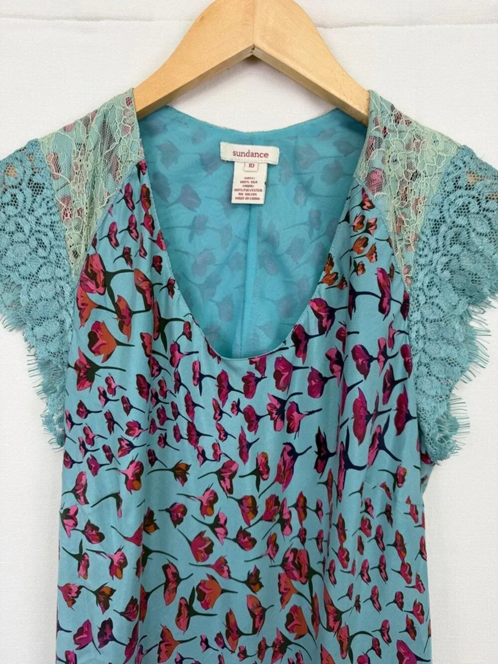 Sundance 100% Silk Lace Cap Sleeve Floral Slip Dress Teal Pink Size 10